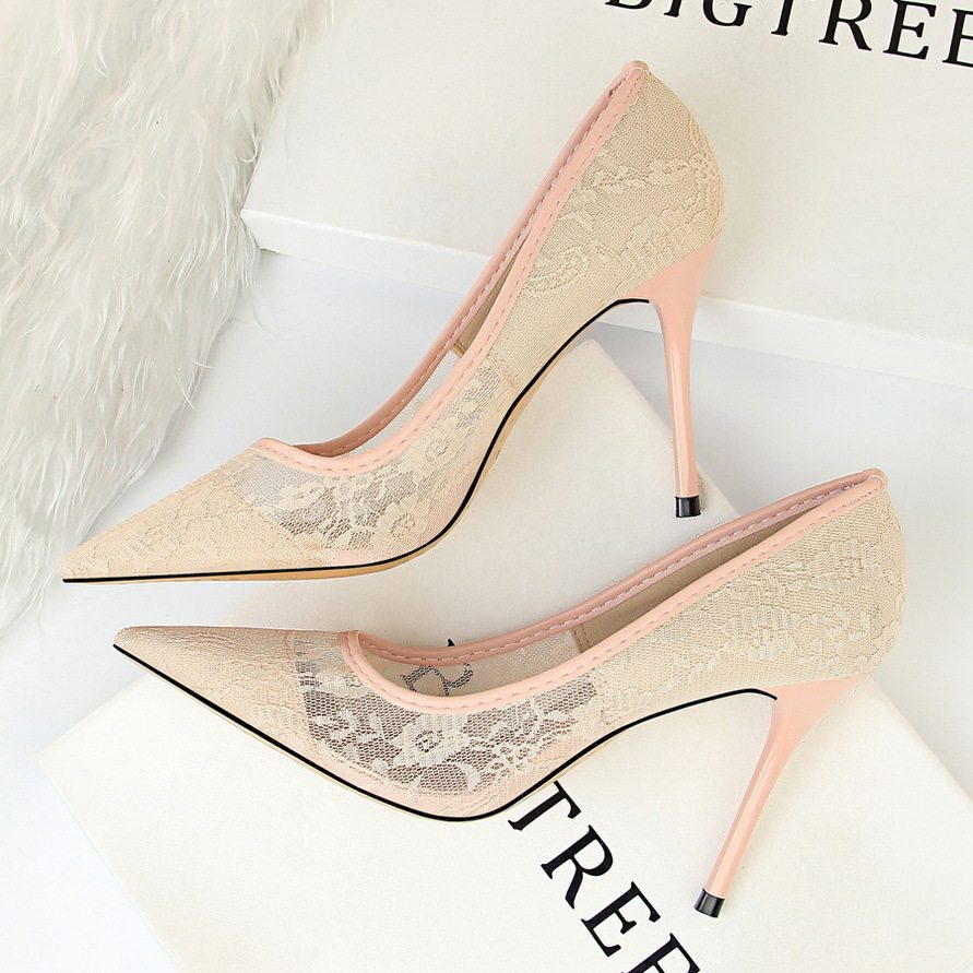 Giày Cao Gót Nữ Lưới Ren Gót Nhọn Hở Lưng Chiều Cao Đế Khoảng 8cm Màu Đen, Đỏ, Hồng, Kem...