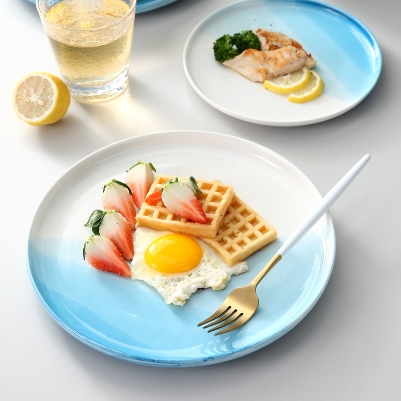 European Style Restaurant Western Food Plate Steak Plate Spaghetti Plate Blue Round Household Ceramic Plate Plate Flat Plate Tray