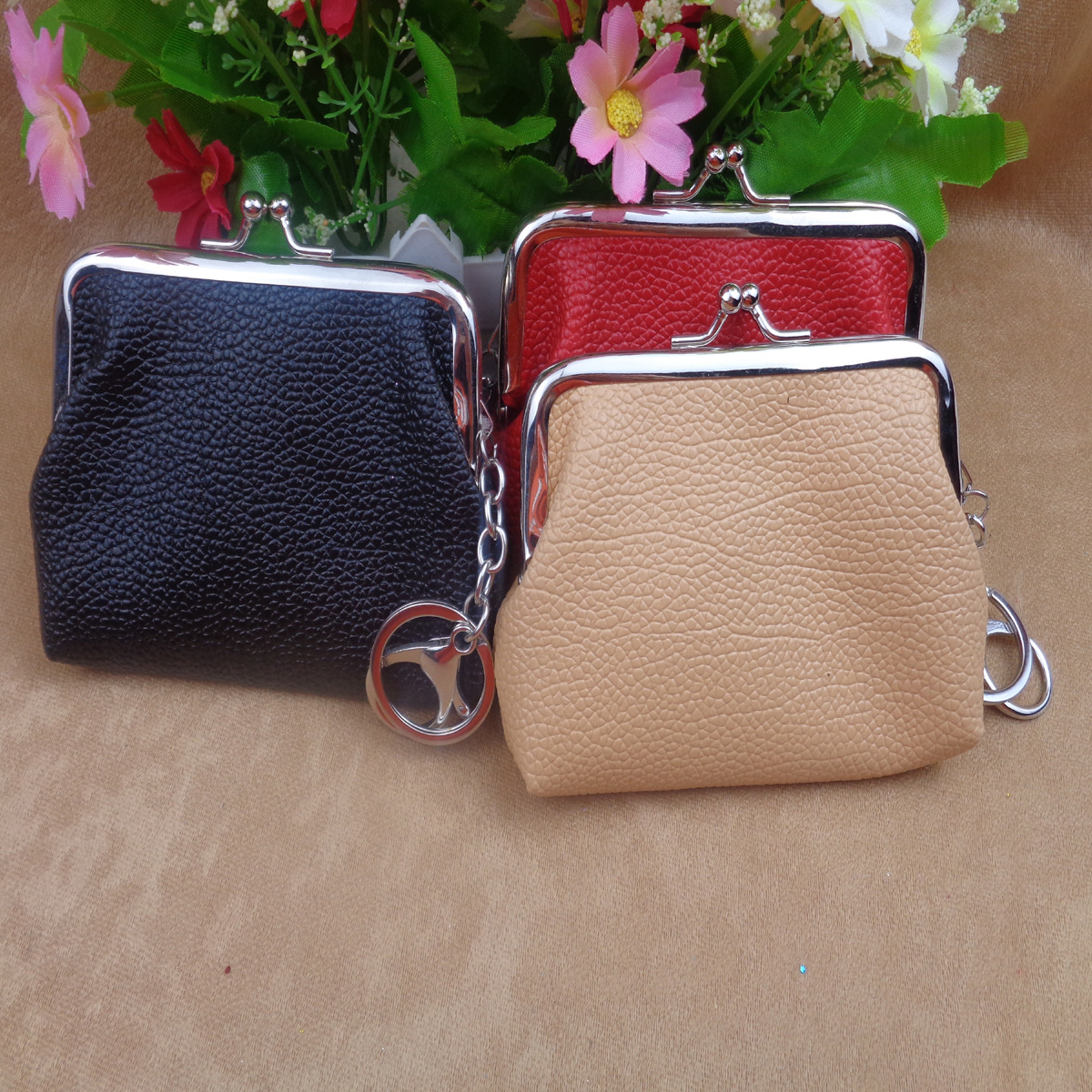 4-inch Pu imitation leather waterproof buckle iron clip coin purse litchi pattern coin lobster buckle satchel key ring accessories