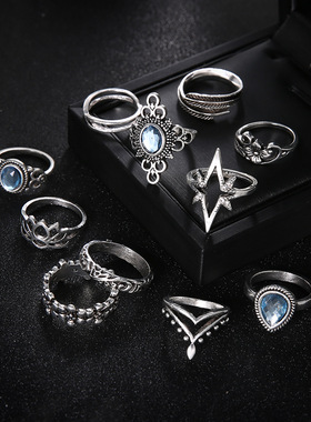 欧美跨境新品 复古镶钻雕花星空石11件套组合套装戒指