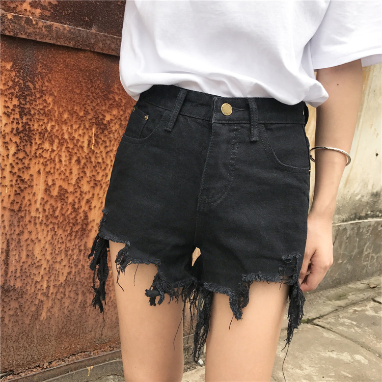 High Waisted Distressed Denim Shorts Slim Fit Irregular Hem Frayed Edges Trendy Style Perfect for Summer Casual