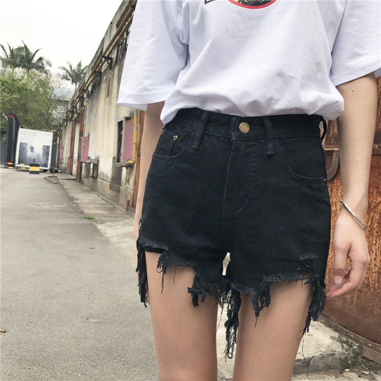 High Waisted Distressed Denim Shorts Slim Fit Irregular Hem Frayed Edges Trendy Style Perfect for Summer Casual