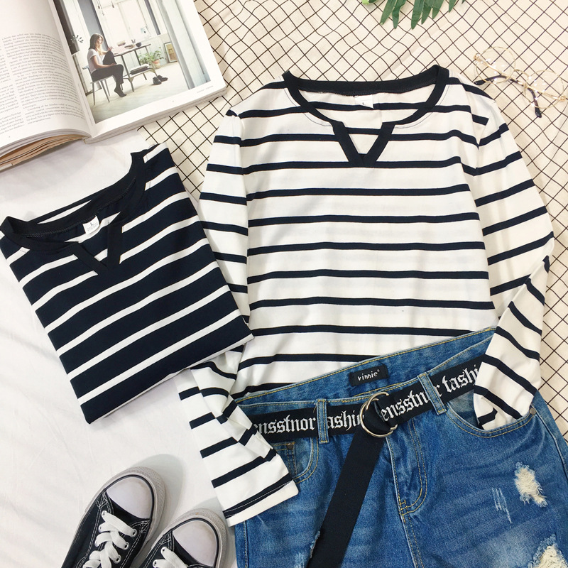 春秋季学生女装衣服修身百搭女士打底衫上衣圆领条纹长袖T恤批发