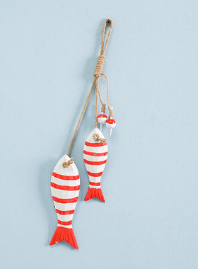 新品地中海海洋系列木制鱼小鱼串挂件渔网背景装饰木鱼