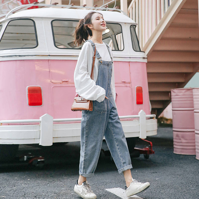 Womens High Waisted Denim Overalls Loose Fit Cropped Length Korean Style Casual Wear for Students Wholesale