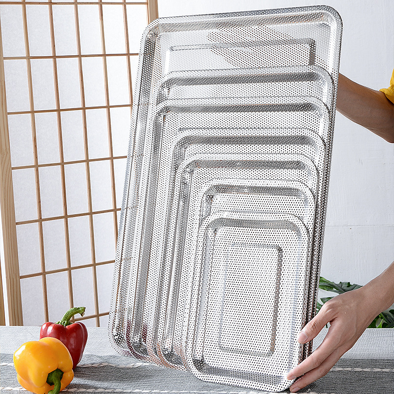 Factory Direct Sales Thickened Stainless Steel Dense Hole Square Plate Leakage Plate Filter Plate with Hole Tray Frying Plate Vegetable Plate Baking Pan