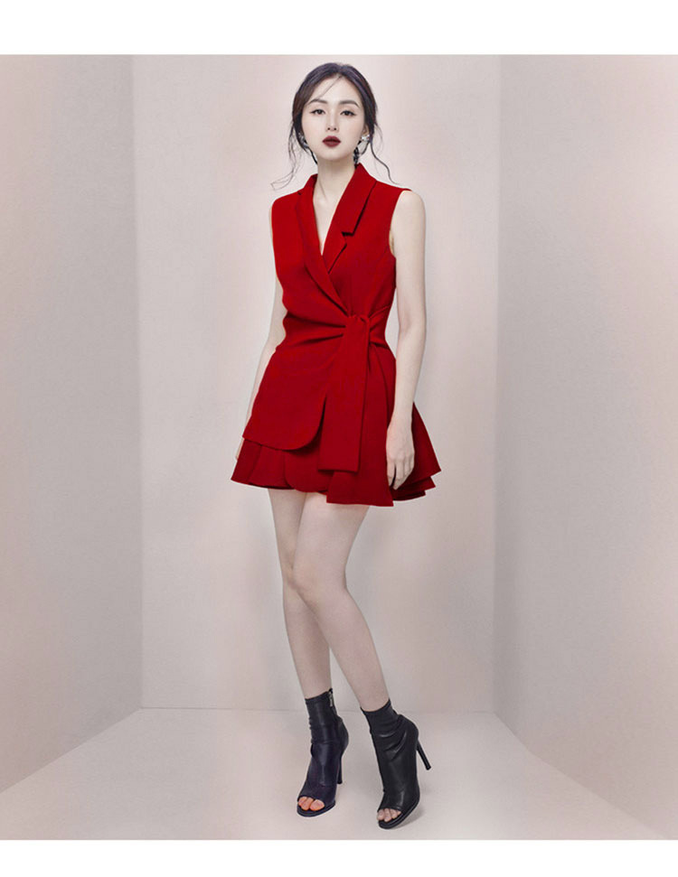 Đầm suông nữ midi cổ V không tay, chất liệu polyester phối ren — Trắng, Đỏ, Đen chi tiết 5