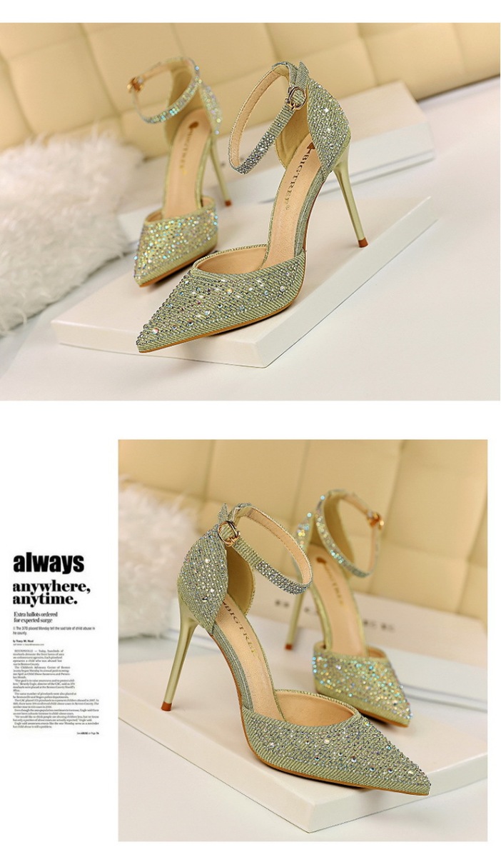 Giày sandal cao gót nữ mũi nhọn quai ngang đính đá lấp lánh — Màu bạc, Màu đen, Màu hồng, Màu Sâm panh