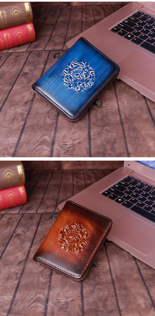 Ví card holder da bò thật dập nổi thủ công phong cách accordion nhiều ngăn — Cà phê cổ điển, Đỏ cổ điển, Vàng cổ điển
