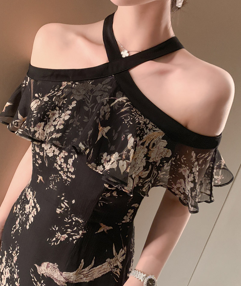 Đầm ôm body nữ cổ yếm tay bồng đuôi cá dáng dài — [Màu đen] chi tiết 10
