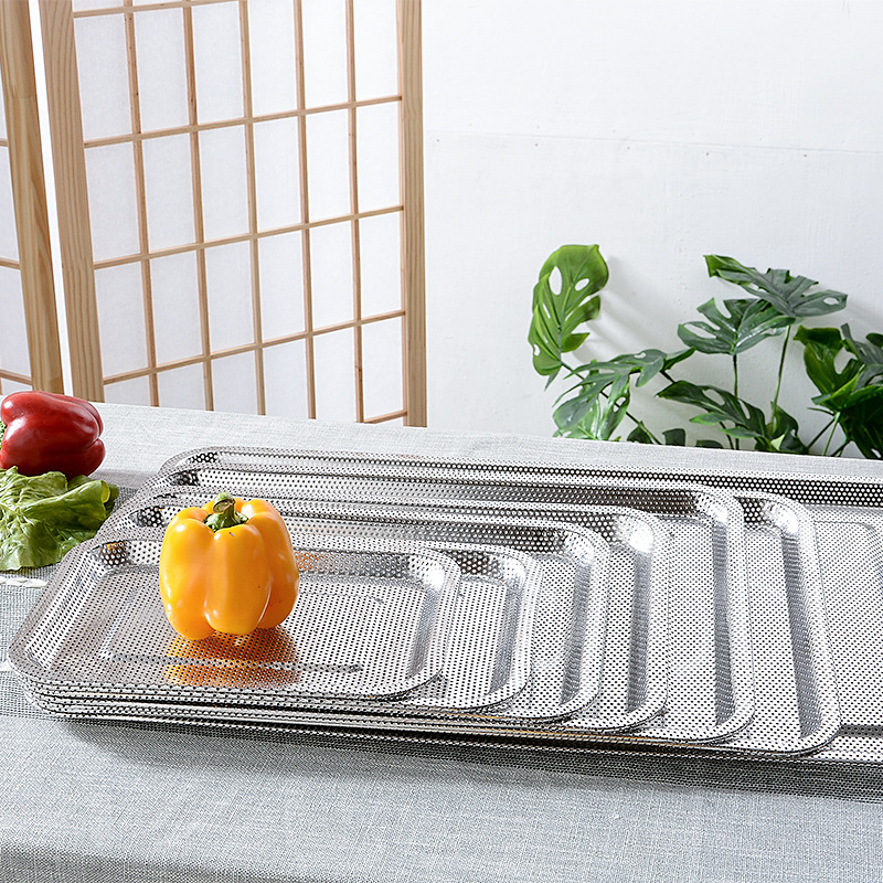 Factory Direct Sales Thickened Stainless Steel Dense Hole Square Plate Leakage Plate Filter Plate with Hole Tray Frying Plate Vegetable Plate Baking Pan