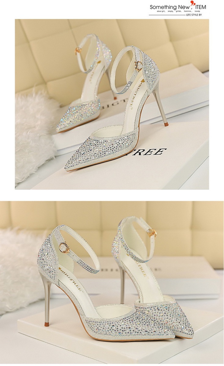 Giày sandal cao gót nữ mũi nhọn quai ngang đính đá lấp lánh — Màu bạc, Màu đen, Màu hồng, Màu Sâm panh