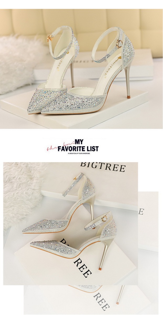 Giày sandal cao gót nữ mũi nhọn quai ngang đính đá lấp lánh — Màu bạc, Màu đen, Màu hồng, Màu Sâm panh