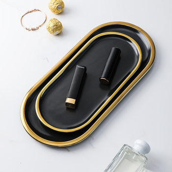 Nordic Creative Black Gold Western Food Dinner Plate Flat Plate Jewelry Plate Fish Plate Ceramic Oval Plate Dim Pot Tray