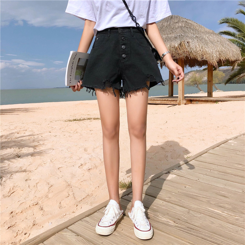 High Waisted Denim Shorts Loose Fit Button Detail Frayed Hem Casual Summer Wear for Students Wholesale Available