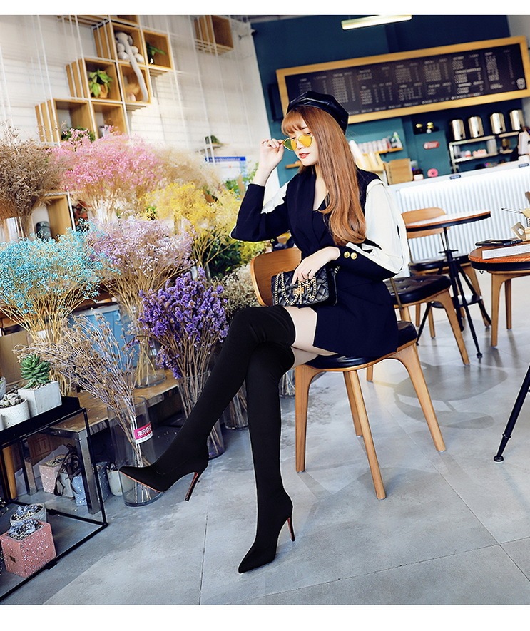 Boot nữ cổ cao qua gối mũi nhọn gót nhọn co giãn ôm chân — 315-9 đen 9.5CM, 315-A9 Đen 8.5CM