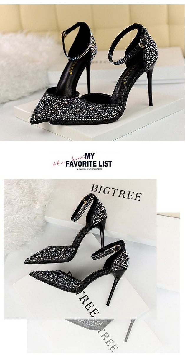 Giày sandal cao gót nữ mũi nhọn quai ngang đính đá lấp lánh — Màu bạc, Màu đen, Màu hồng, Màu Sâm panh