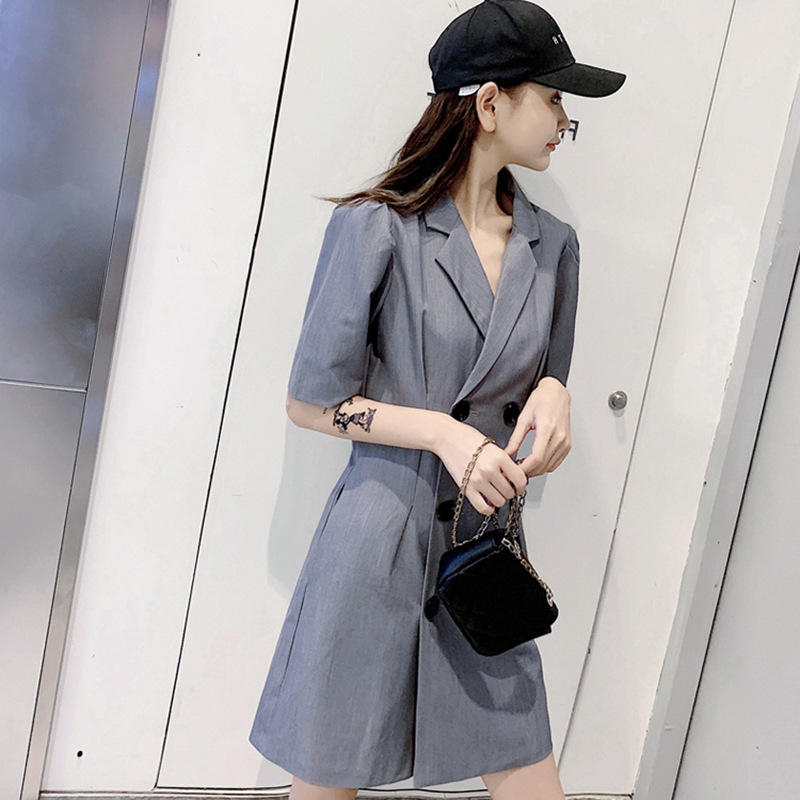 Chân váy xếp ly nữ xòe dáng chữ A, cạp cao, tay ngắn, phong cách Hàn Quốc — Xám