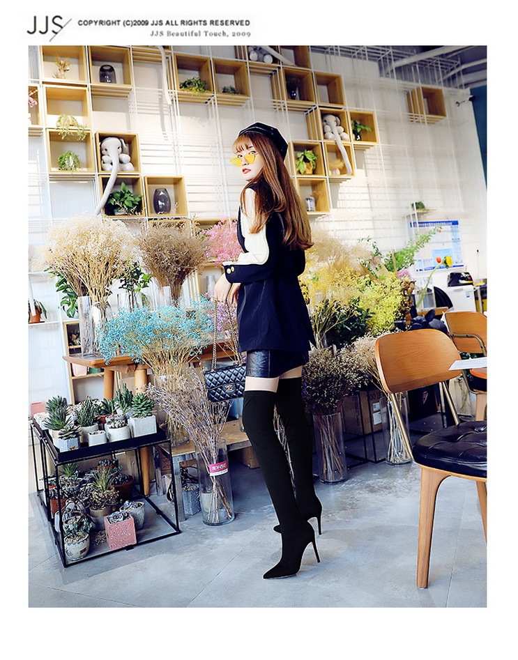 Boot nữ cổ cao qua gối mũi nhọn gót nhọn co giãn ôm chân — 315-9 đen 9.5CM, 315-A9 Đen 8.5CM