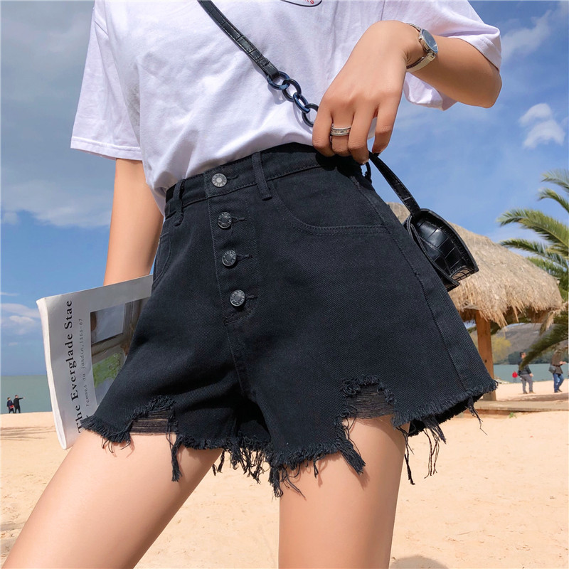 High Waisted Denim Shorts Loose Fit Button Detail Frayed Hem Casual Summer Wear for Students Wholesale Available