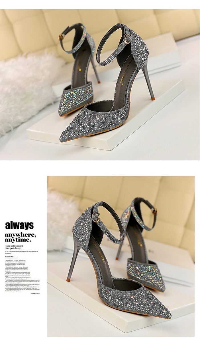 Giày sandal cao gót nữ mũi nhọn quai ngang đính đá lấp lánh — Màu bạc, Màu đen, Màu hồng, Màu Sâm panh