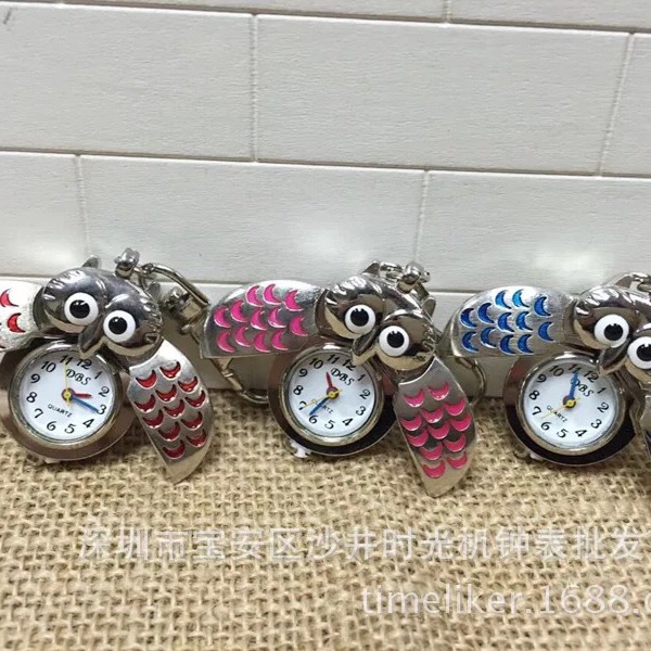 现货怀表批发韩版翻盖银色猫头鹰项链挂表儿童手表钥匙扣卡通怀表
