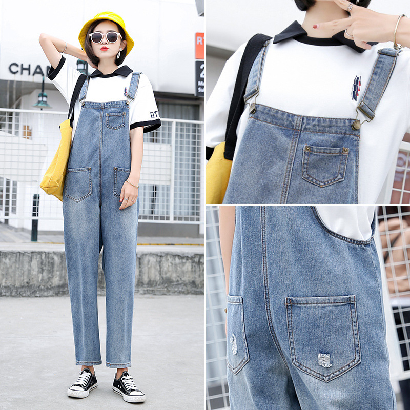 High Waisted Denim Overalls for Women Loose Fit Cropped Length Korean Style Spring Fashion Wholesale Available