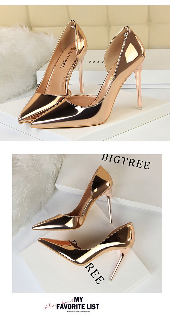 Giày cao gót nữ mũi nhọn gót kim loại 10,5cm hở gót phối lưới hai bên — Đen, Màu bạc, Màu đồng, Màu Sâm panh