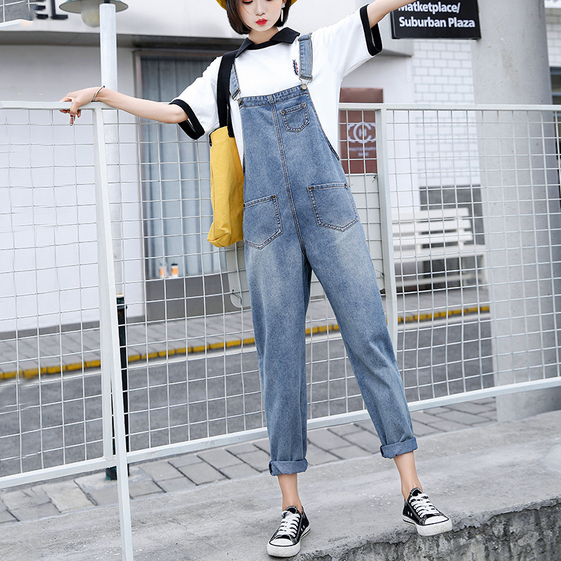 High Waisted Denim Overalls for Women Loose Fit Cropped Length Korean Style Spring Fashion Wholesale Available