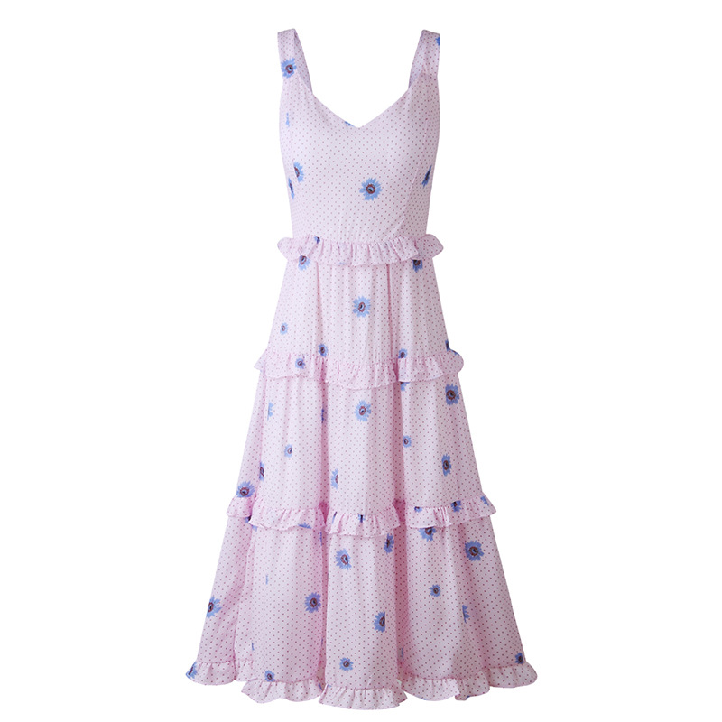 Đầm maxi nữ thắt eo chất liệu voan chiffon in họa tiết dân tộc — Hồng chi tiết 8