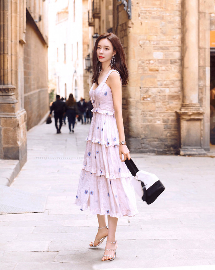 Đầm maxi nữ thắt eo chất liệu voan chiffon in họa tiết dân tộc — Hồng chi tiết 6