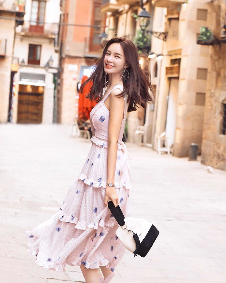 Đầm maxi nữ thắt eo chất liệu voan chiffon in họa tiết dân tộc — Hồng chi tiết 7