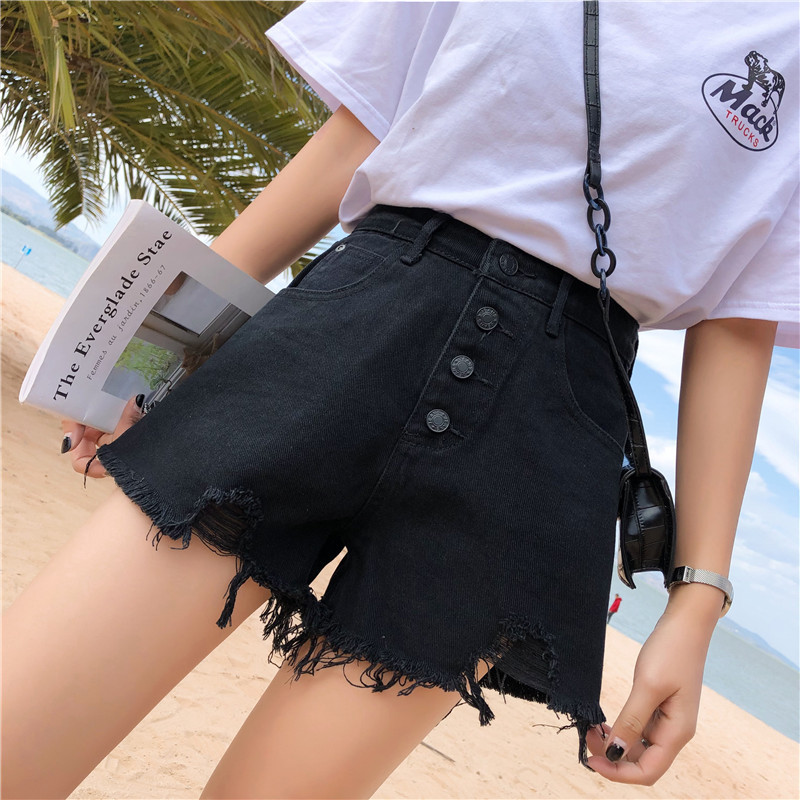 High Waisted Denim Shorts Loose Fit Button Detail Frayed Hem Casual Summer Wear for Students Wholesale Available
