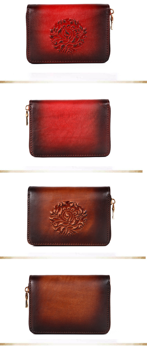 Ví card holder da bò thật dập nổi thủ công phong cách accordion nhiều ngăn — Cà phê cổ điển, Đỏ cổ điển, Vàng cổ điển