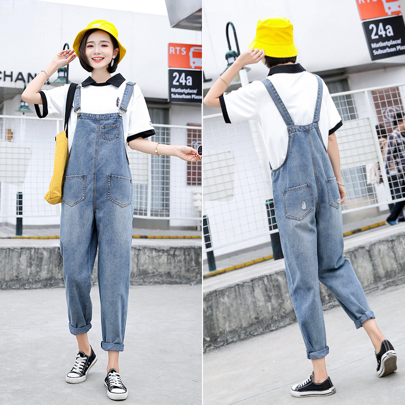 High Waisted Denim Overalls for Women Loose Fit Cropped Length Korean Style Spring Fashion Wholesale Available