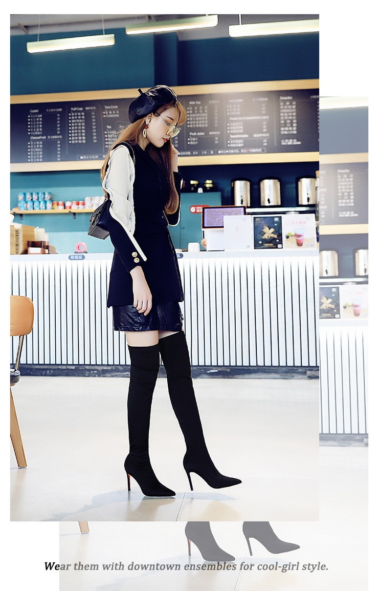 Boot nữ cổ cao qua gối mũi nhọn gót nhọn co giãn ôm chân — 315-9 đen 9.5CM, 315-A9 Đen 8.5CM