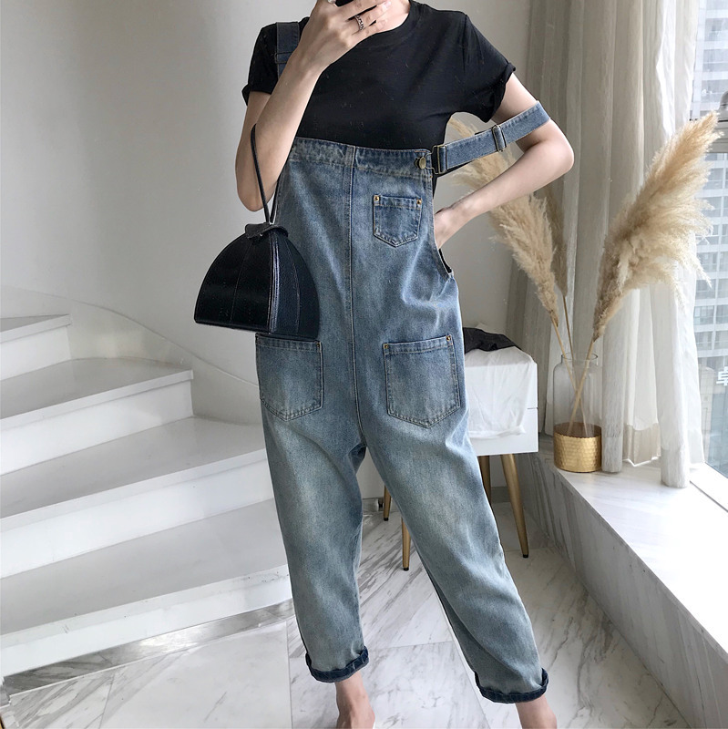 Womens Denim Overalls Loose Fit Cute Cat Paw Design Korean Style 3 4 Length Spring Summer Fashion Wholesale
