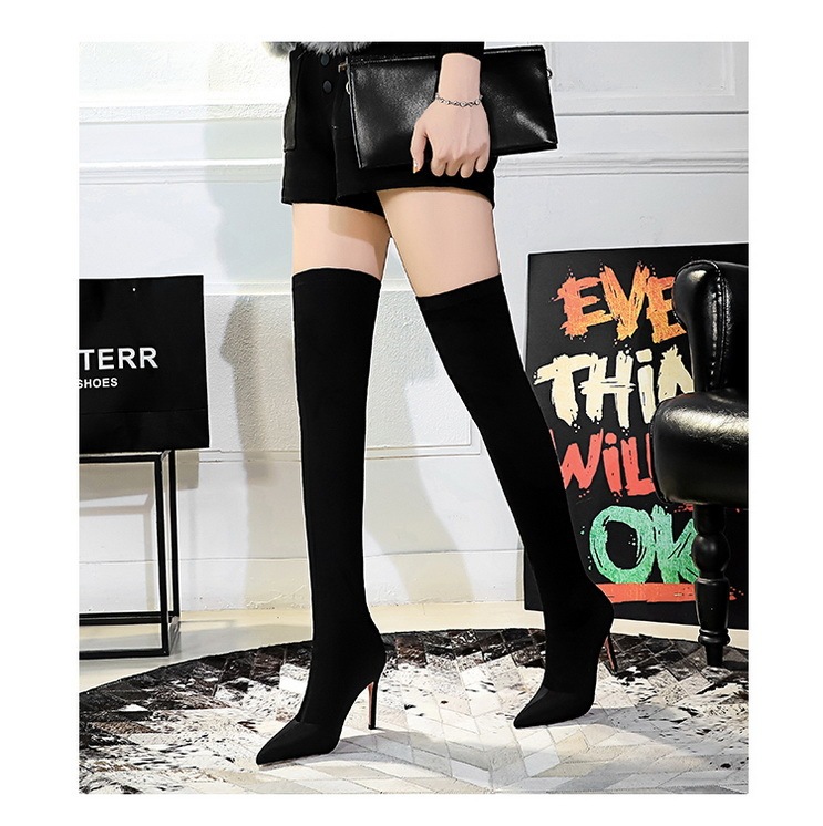 Boot nữ cổ cao qua gối mũi nhọn gót nhọn co giãn ôm chân — 315-9 đen 9.5CM, 315-A9 Đen 8.5CM