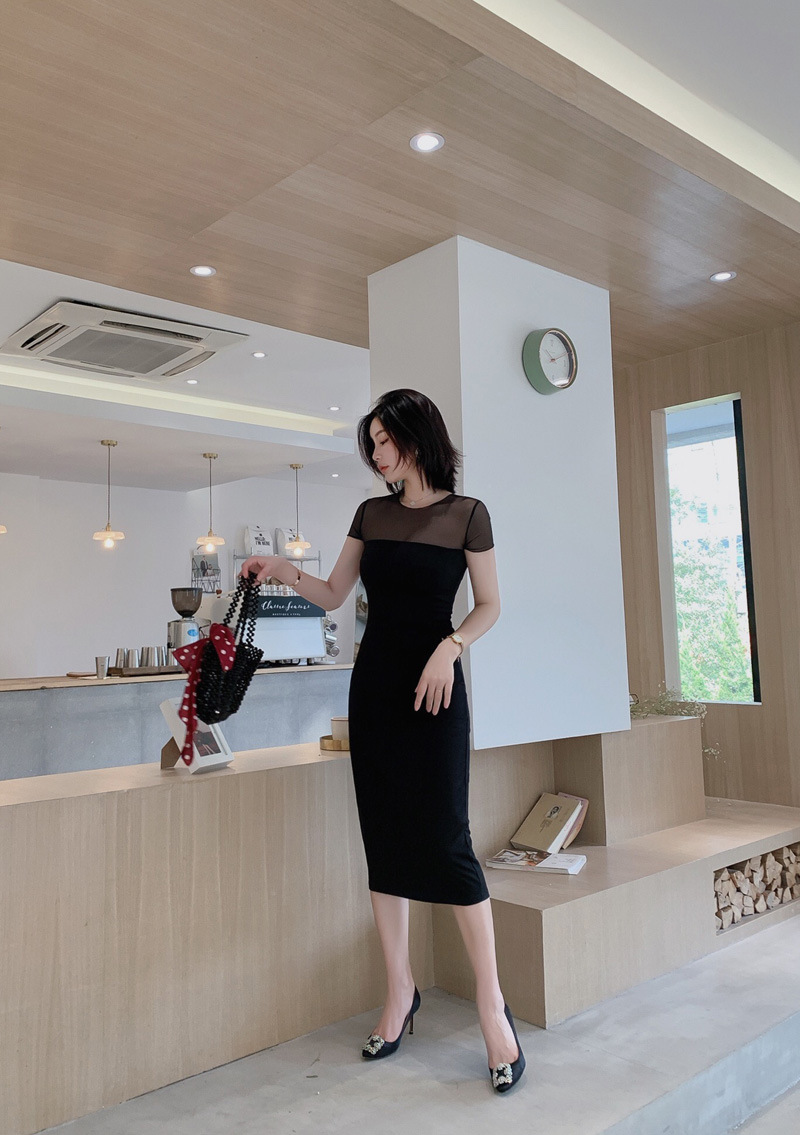 Đầm ôm body nữ cổ tròn tay ngắn chất liệu cotton phối khóa kéo — [Màu đen] chi tiết 6