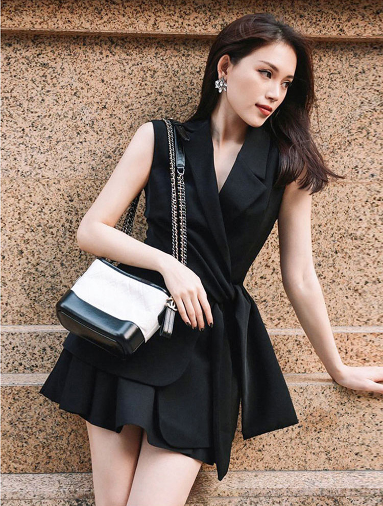 Đầm suông nữ midi cổ V không tay, chất liệu polyester phối ren — Trắng, Đỏ, Đen chi tiết 7