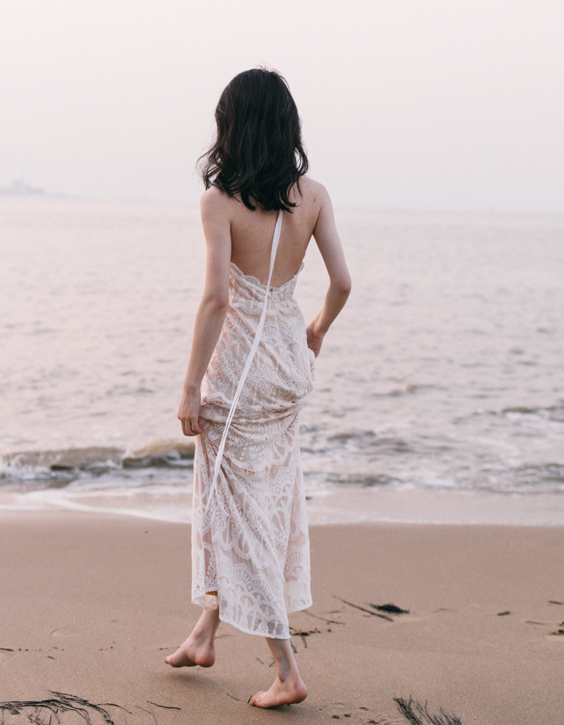 Đầm maxi nữ ren thắt eo phong cách BOWO tay loe — Trắng chi tiết 6