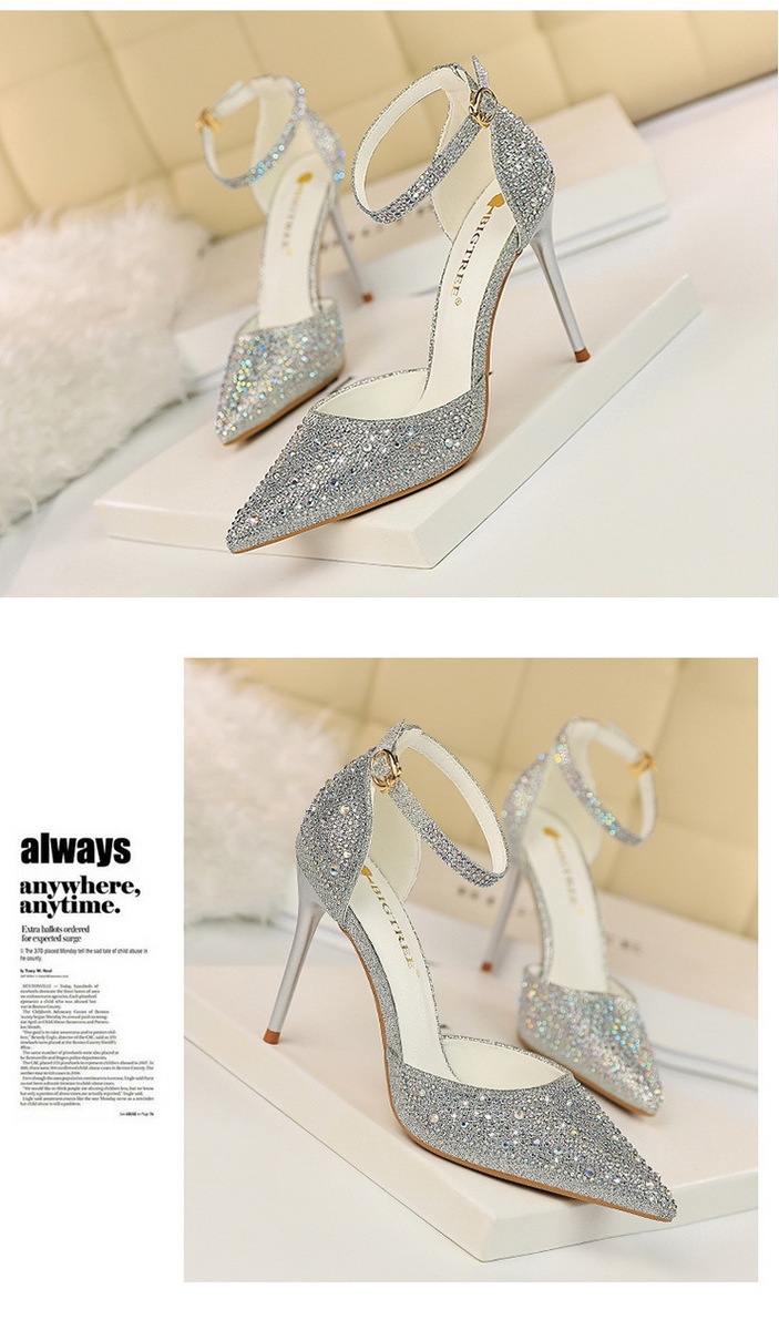 Giày sandal cao gót nữ mũi nhọn quai ngang đính đá lấp lánh — Màu bạc, Màu đen, Màu hồng, Màu Sâm panh