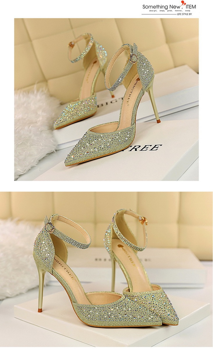 Giày sandal cao gót nữ mũi nhọn quai ngang đính đá lấp lánh — Màu bạc, Màu đen, Màu hồng, Màu Sâm panh