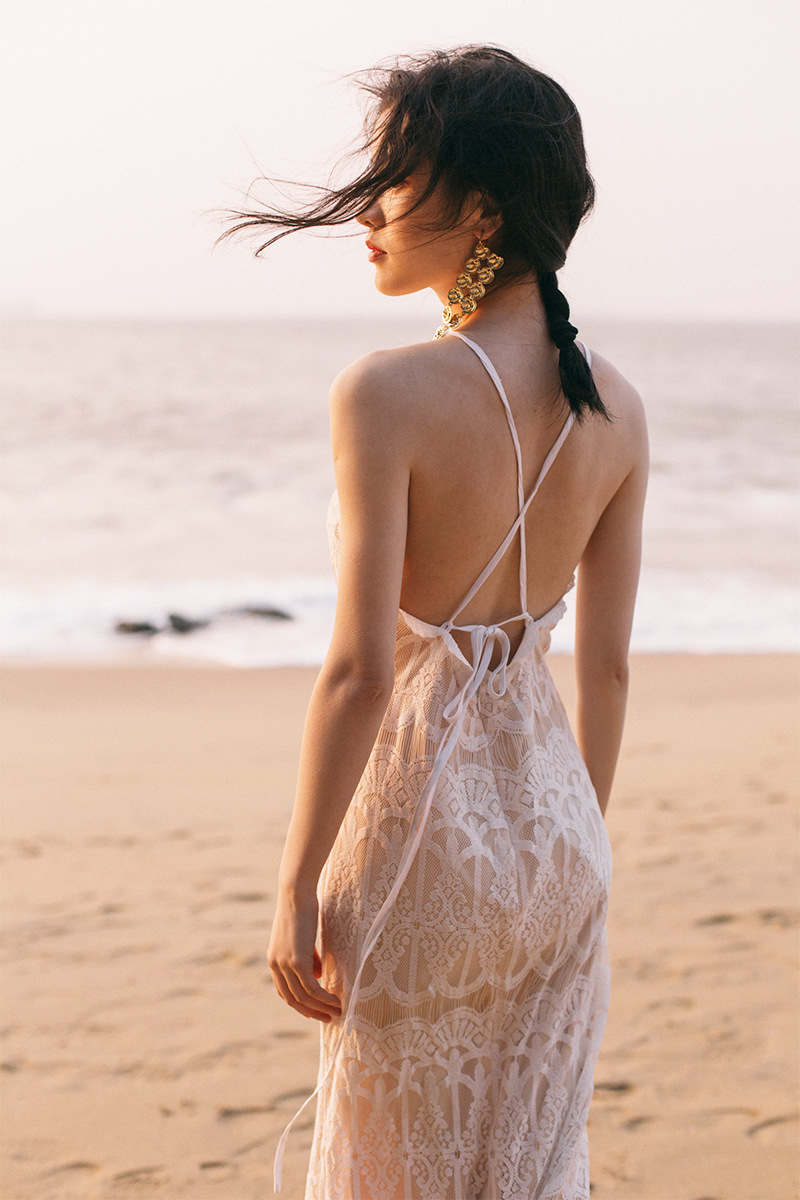 Đầm maxi nữ ren thắt eo phong cách BOWO tay loe — Trắng chi tiết 2