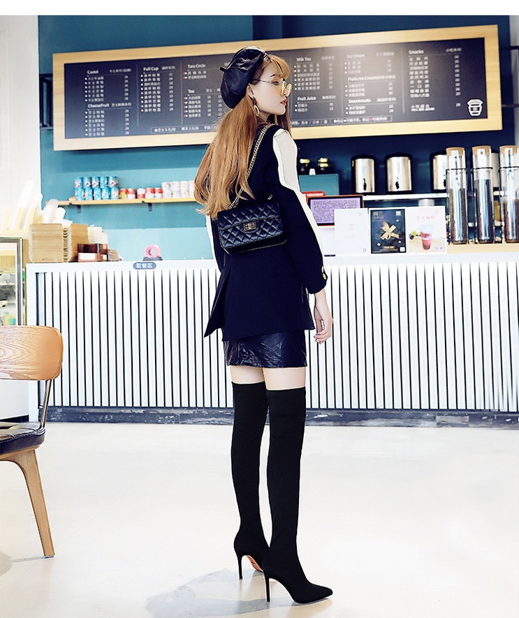 Boot nữ cổ cao qua gối mũi nhọn gót nhọn co giãn ôm chân — 315-9 đen 9.5CM, 315-A9 Đen 8.5CM