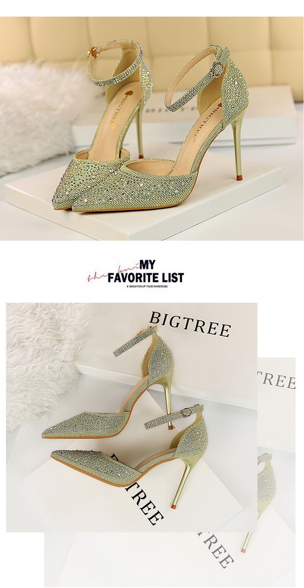 Giày sandal cao gót nữ mũi nhọn quai ngang đính đá lấp lánh — Màu bạc, Màu đen, Màu hồng, Màu Sâm panh