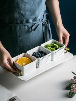 Style light luxury marble tray hotel afternoon tea snack plate rectangular three-grid ceramic fruit salad bowl