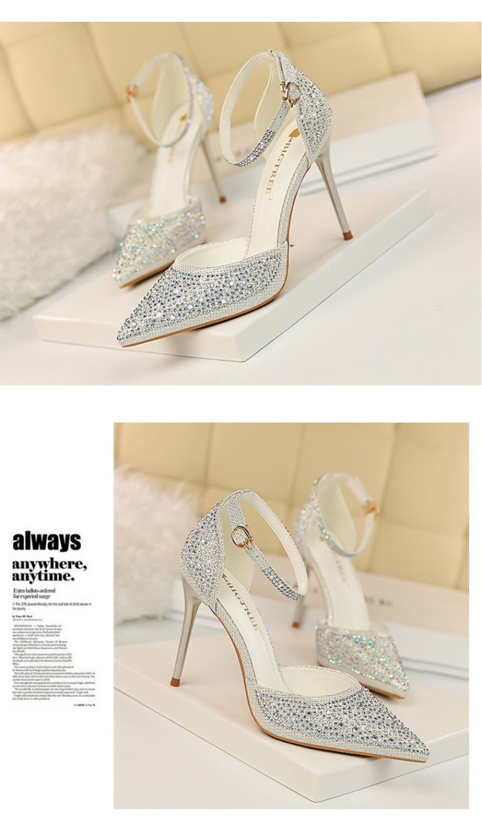 Giày sandal cao gót nữ mũi nhọn quai ngang đính đá lấp lánh — Màu bạc, Màu đen, Màu hồng, Màu Sâm panh