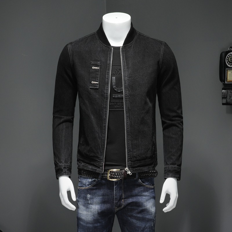 Áo Khoác Bò Nam Cổ Bóng Chày Cotton Dáng Bomber Màu Đen