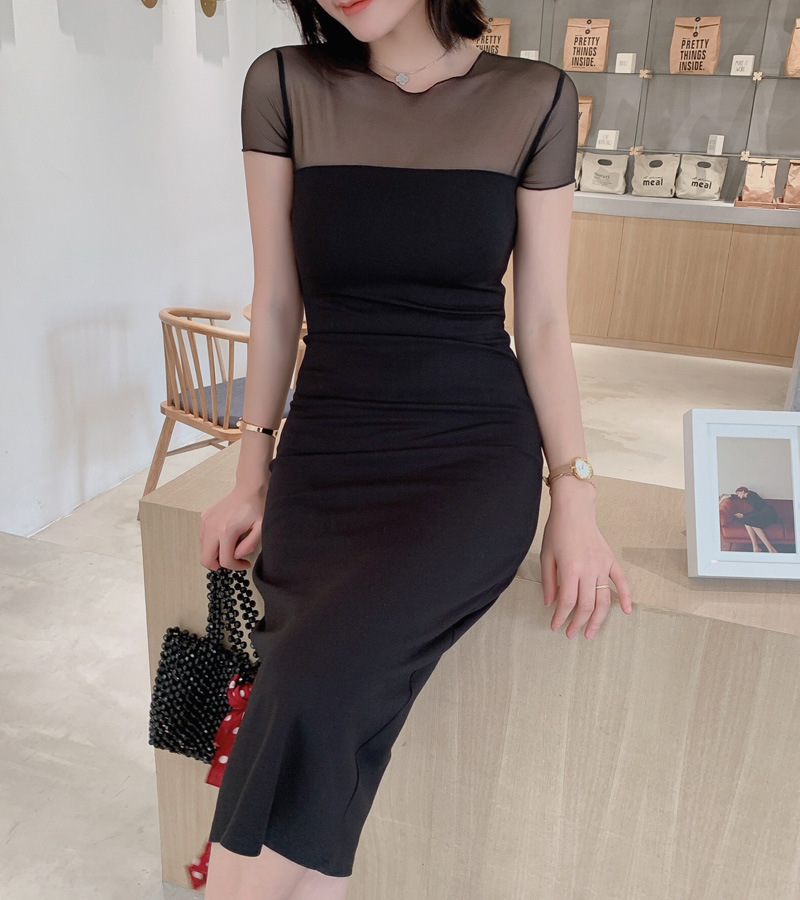 Đầm ôm body nữ cổ tròn tay ngắn chất liệu cotton phối khóa kéo — [Màu đen] chi tiết 5